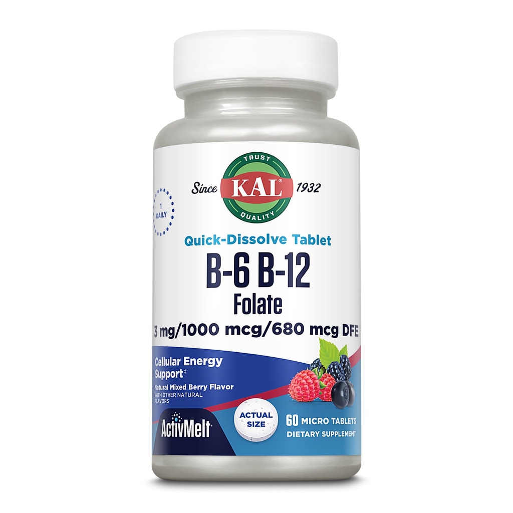 KAL-vitamiin B-6, B-12 ja foolhappe lisand, südame tervis, energia ja punaste vereliblede toetus *, vitamiin B12 metüülkobalamiin ja folaat, looduslik marjamaitse, 60 serveerimist, 60 ActivMelti mikrotabletti