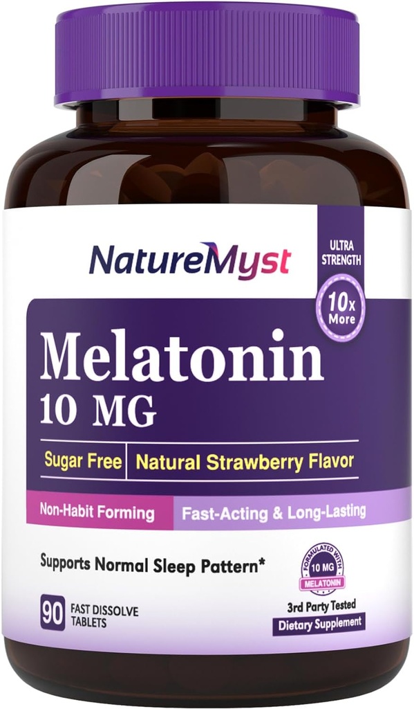 Melatoniin 10 MG, kiiresti lahustuvad tabletid, Ultra tugevus, mitte-harjutuste moodustamine, une ja rahulikkuse tugi, suhkrut ei ole, looduslik maasikamaitse, 90 tabletti