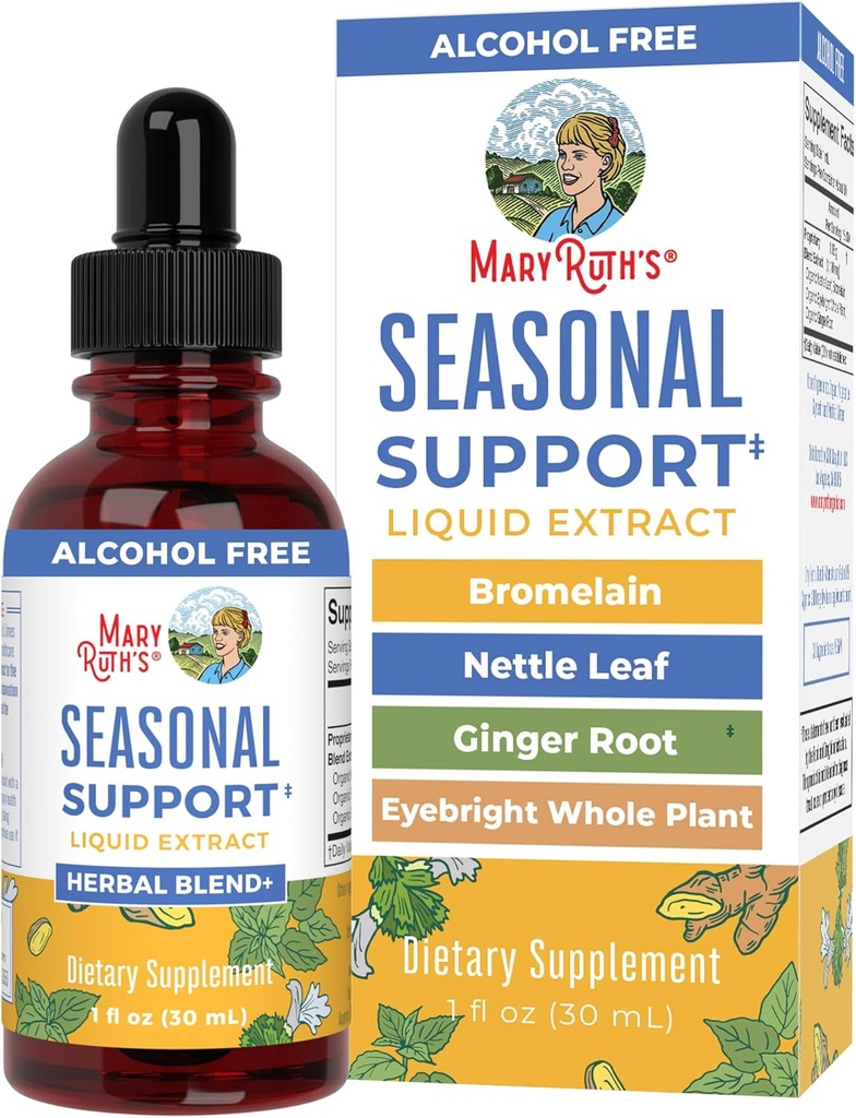 MaryRuth Organics Hooajaline toetus Vedelikekstrakt Taimne segu Ingveri juur | Bromelain | Orgaaniline nõgesleht | 4 Taimne segu| Traditsioonilised maitsetaimed | Mitte-GMO | Vegan | Gluteenivaba | 1 Fl Oz