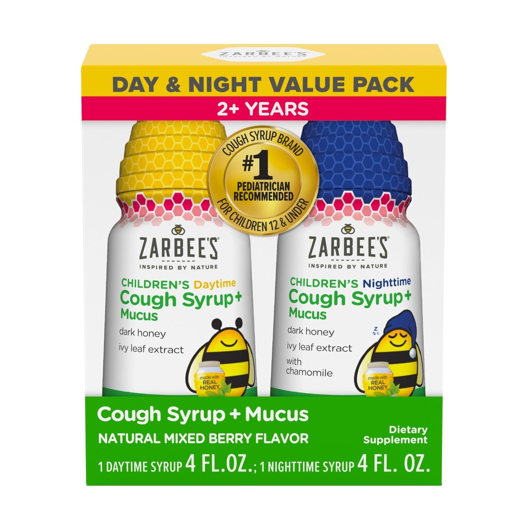 Zarbee's Children's Honey Cough Syrup + lima päeva ja öö väärtuse pakett, päevane ja öine väikelapse köha siirup, Dark Honey, Ivy Leaf Extract, kummel, segatud marjamaitse, 2X 4 Fl Oz