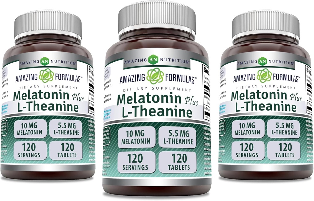 Hämmastav valem Melatoniin 10 Mg Plus L-Theanine 5,5 Mg täiendus | 120 tabletti | Mitte-GMO | Gluteenivaba | Valmistatud USAs | Pakend 3