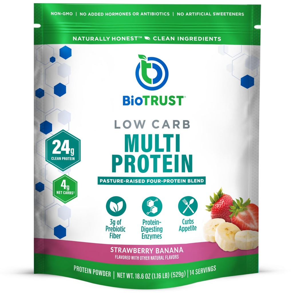 BioTrust Low Carb Protein Powder – Maitsev vadak & Kaseiin Blend alates rohusöödetud hormooni vabad lehmad – Non GMO, Gluteenivaba (Maasikas Banana)