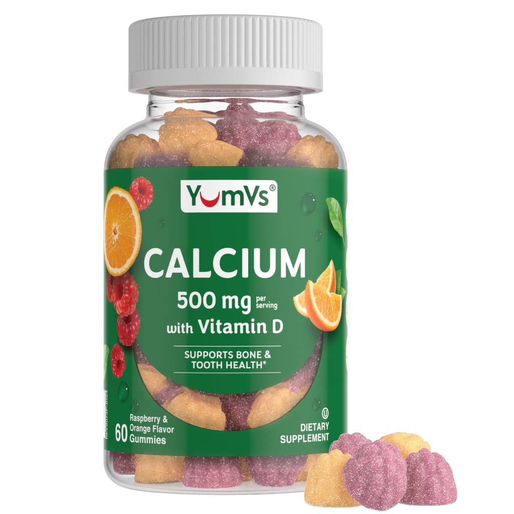 YumVs Calcium 500mg koos D3-vitamiiniga - Vaarika ja apelsini maitse Kaltsium D-vitamiini kummid, näritav kaltsiumilisand lastele ja täiskasvanutele, D-vitamiini kaltsiumkummid, Kosher Halal Gluten Free (60 Count)