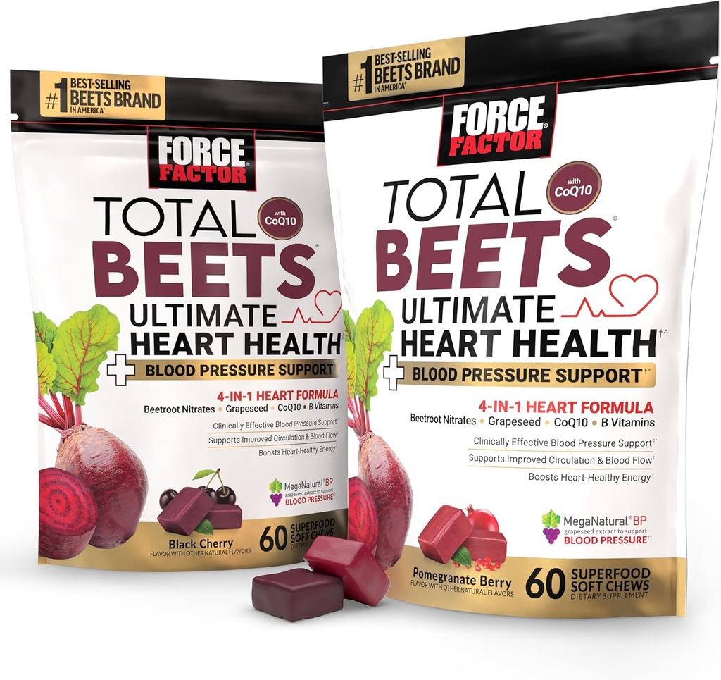 Bundle of Force Factor Total Beets Ultimate Heart Health Blood Pressure Support Chews with CoQ10, Beet Root Powder, Viinamarjaseemneekstrakt, Vererõhulisand vereringele ja verevoolule, 120 Soft