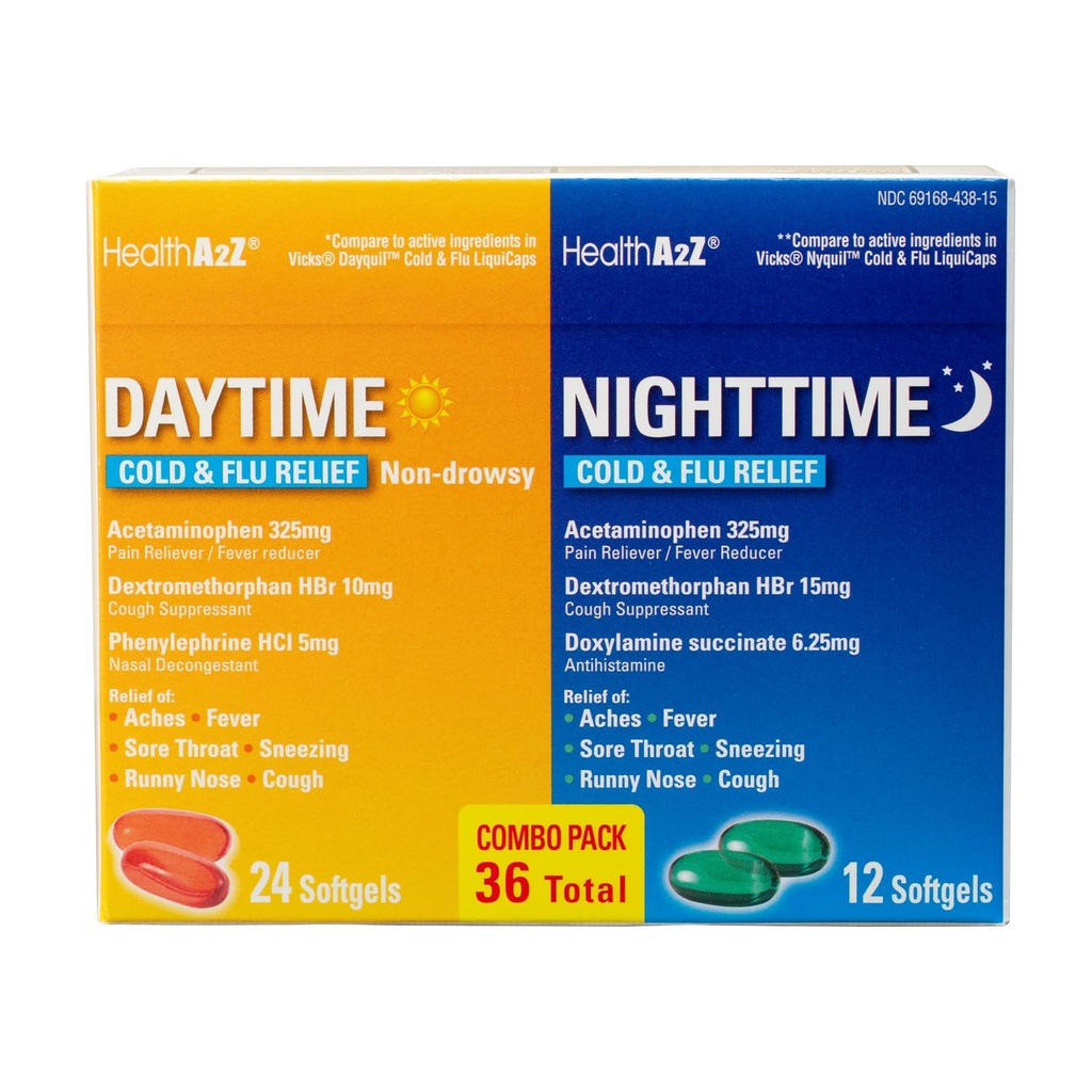 HealthA2Z® päevane ja öine | Külm ja gripimeditsiin | Võimas multisümptom päevane ja öine leevendus (24 päevane ja 12 öine softgel) (Päevane ja öine Combo (36 Count Pack of 1))