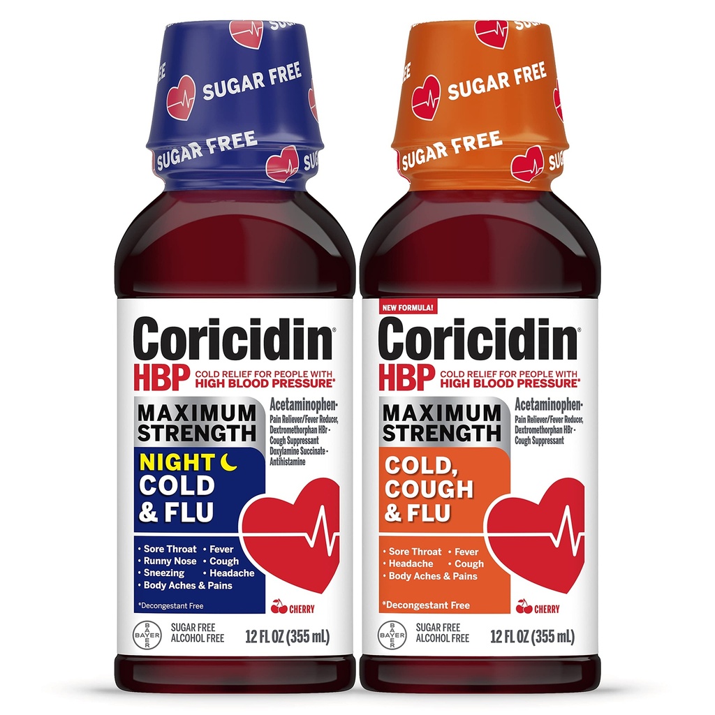 Coricidin HBP Maksimaalne tugevus Külm ja gripp Päev ja öö Suhkruvaba Vedel Twinpack, Dekongestant-vaba külma ravim täiskasvanutele kõrge vererõhu -12 Fl Oz (pakk 2)