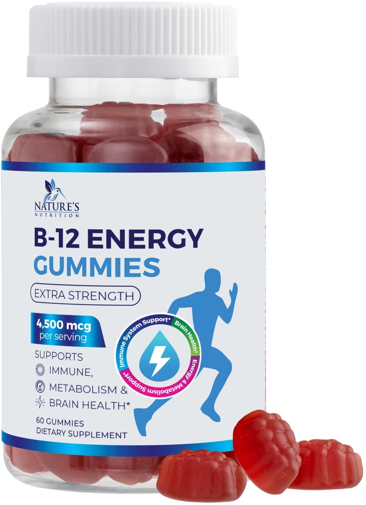 B-12 Vitamiinenergia kummid 4500mcg - ekstra tugevus B12 Kummi närimistabletid energia metabolismi ja immuunsüsteemi tugi - toidulisand naistele, meestele ja lastele - Non-GMO, Vegan, Berry maitse - 60 Count