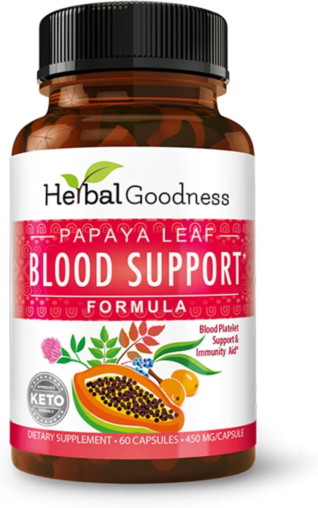 Herbal Goodness Papaya Leaf Blood Support Capsules - Trombotsüütide & Luuüdi Tervis, immuunsuse tugi & verepuhastus - 60/450mg Veggie kapslid (1 pudel)