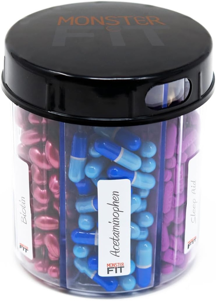 Täiendus Pill Dispenser pudel, 6 osa, sildid, Lihtne avatud, Anti-Mixing, Igakuine Vitamiini Korraldaja, Monster Fit Jr Ravimi hoidja (Selge, väike)
