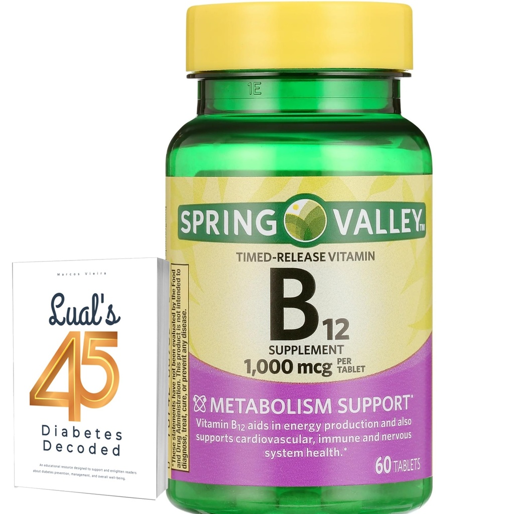 Spring Valley ajastatud vabastav vitamiin B12 tabletid, 1000 Mcg, 60 krahv, B12 kompleks naistele ja meestele, 45 diabeediga dekodeeritud