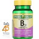 Spring Valley ajastatud vabastav vitamiin B12 tabletid, 1000 Mcg, 60 krahv, B12 kompleks naistele ja meestele, 45 diabeediga dekodeeritud