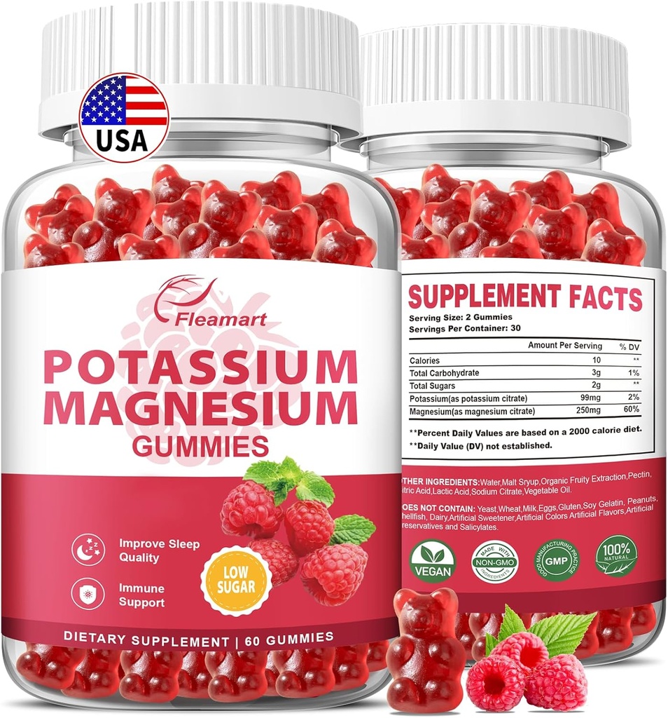Kaaliummagneesiumkummid Kaaliumtsitraat 99mg Magneesiumtsitraat 250mg Magneesiumkaaliumi komplekslisand, immuuntugi, 60 Vaarikakummid 2 Pack
