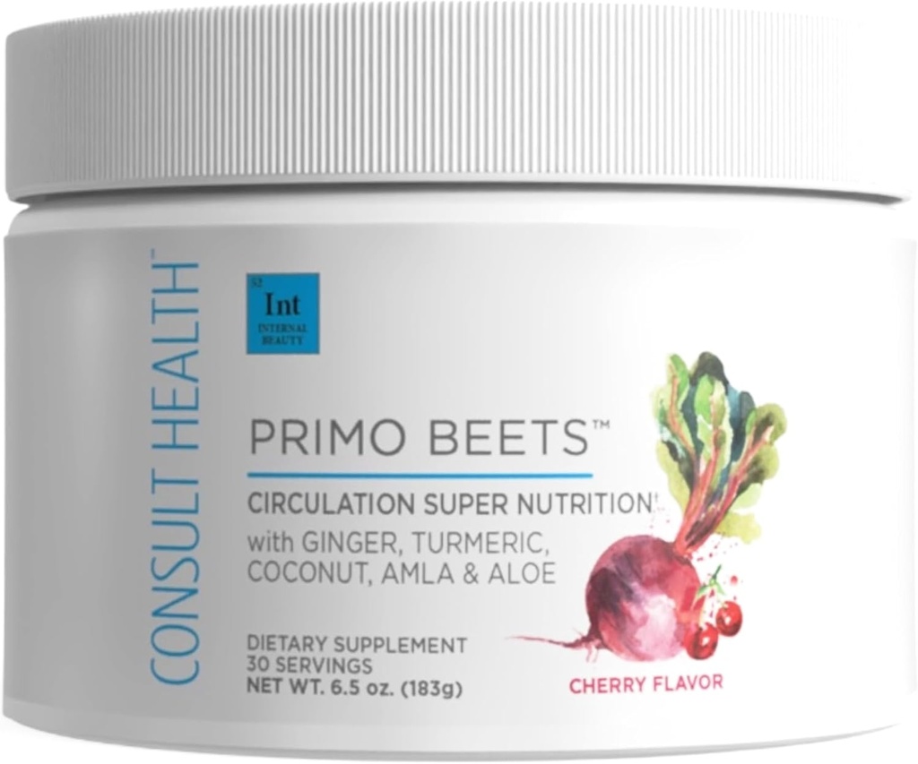 Consult Health Primo Beets - Beet Root Powder Drink Mix with Electrolytes - Nitrates to Support Circulation - Energy Boost - Ginger & Turmeric - for Men & Women - Cherry Flavor - 30 Servings