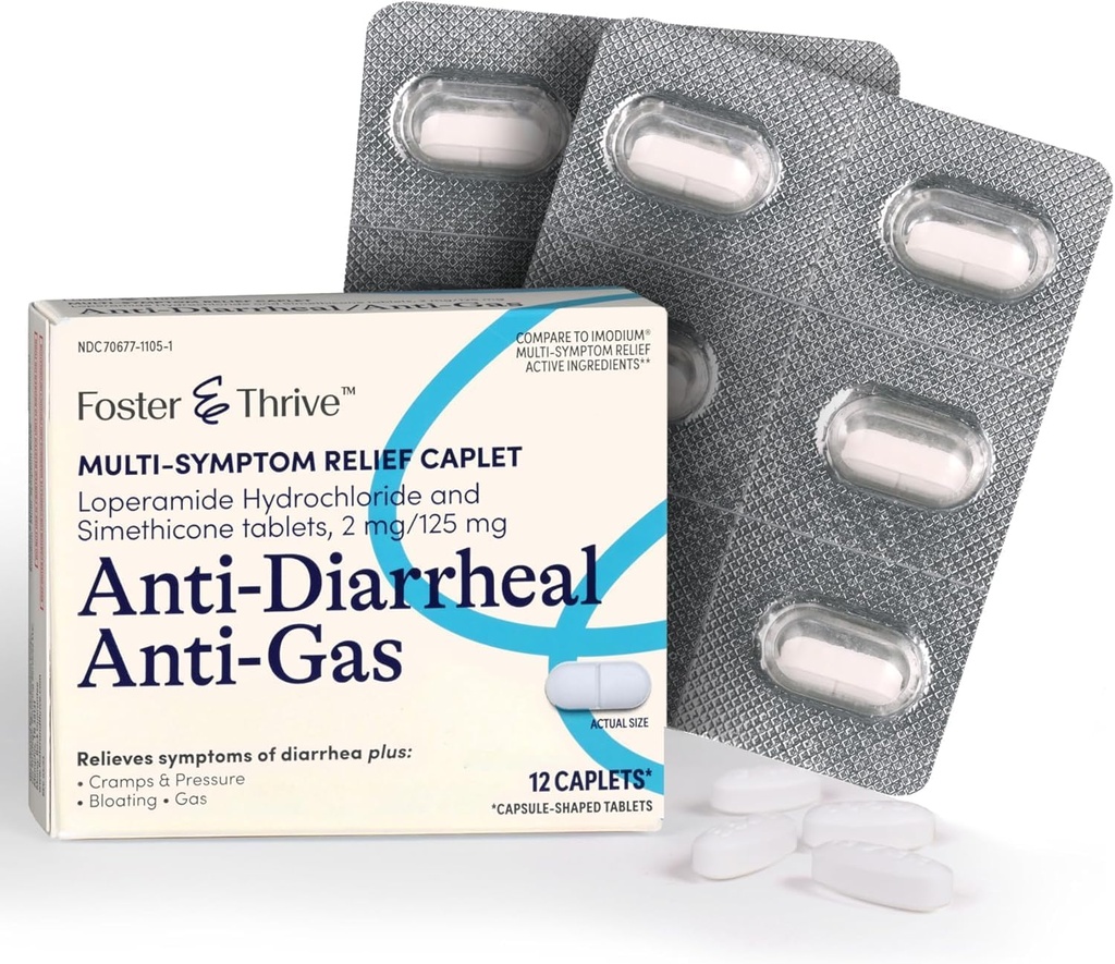 Foster & Thrive Loperamide Hydrochloride and Simethicone Anti-Diarrheal Anti-Gas Multi-Symptom Relief, 48 Caplets, Ravi kõhulahtisus, gaas, puhitus, krambid ja rõhk, 12 Caplets (Pack of 4)
