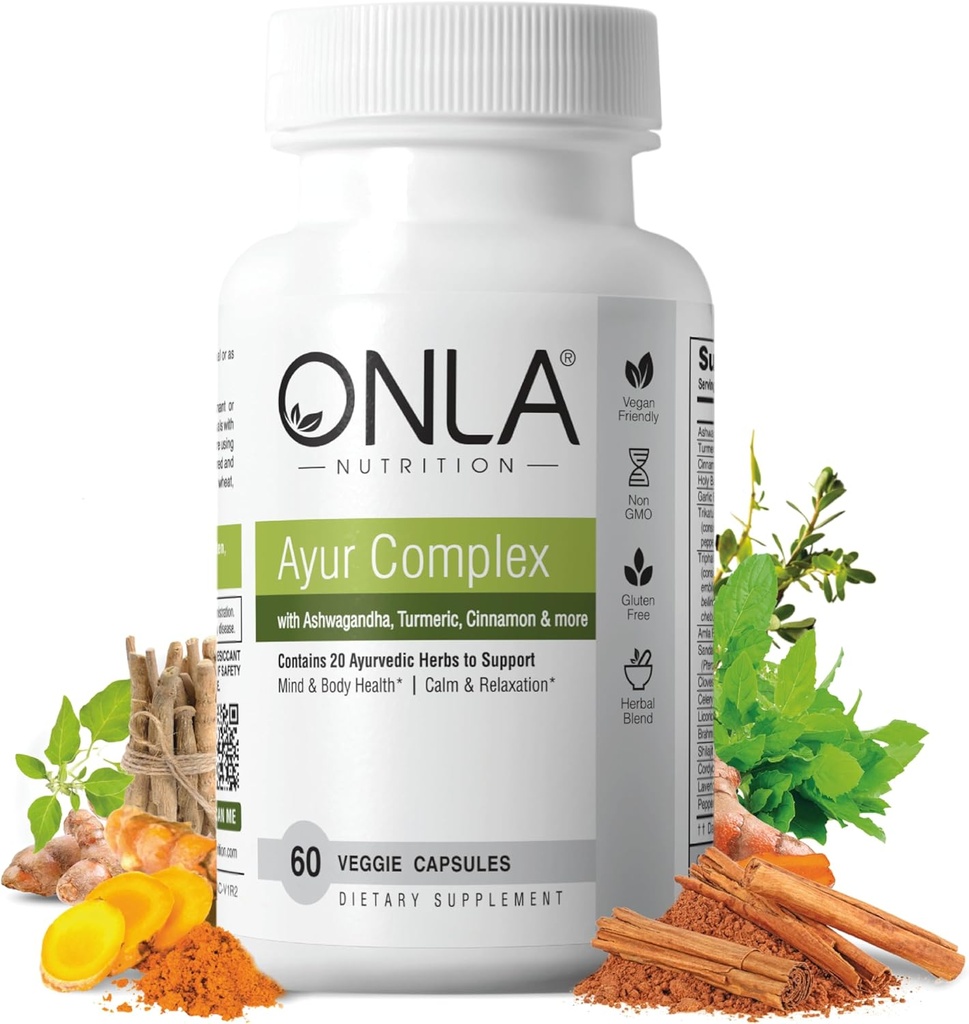 ONLA Vegan Ayurveda taimsed toidulisandid (20-in-1 taimsed kapslid) - kurkumlisandid ashwagandha, kaneeli, Triphala, Brahmi - looduslikud koostisosad, taimsed energialisandid (60 Cap)