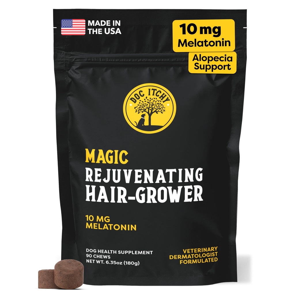 Doc Itchy Rejuvenating Hair-Grower Dog Pet Chews | 10mg Melatonin koertele | Hair Growth Booster | Senior Dog Energizer | Calming | Medical-Strength | Food Allergy Safe | Vegan | 90 Count