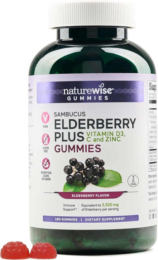 NatureWise Sambucus Elderberry Gummies - 4-aastastele lastele mõeldud immuuntoetuslisa ja C-vitamiini, D3, tsink - Elderberries, mis vastab 3520mg - vegan, mitte-GMO - 180 Count[90-päevane pakkumine]