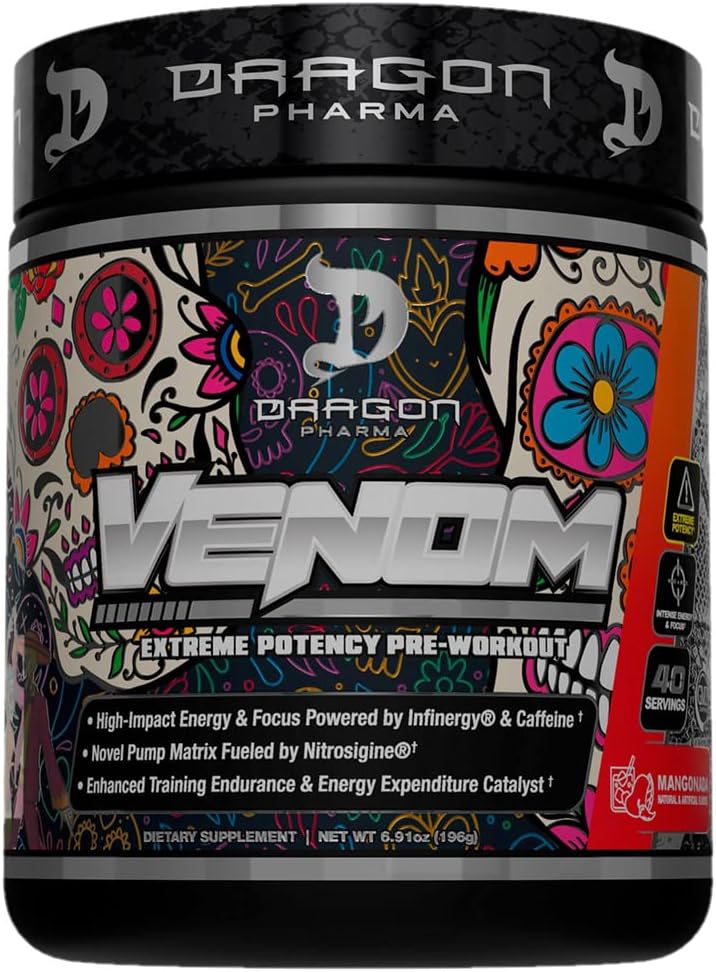 DRAGON PHARMA Venom Extreme Potency Pre-Workout, Laser Sharp Focus + energia, intensiivne jõudlus, tõestatud koostisosad täiustatud vasodilatatsiooni ja vastupidavuse jaoks (40 Servings, Mangonada)