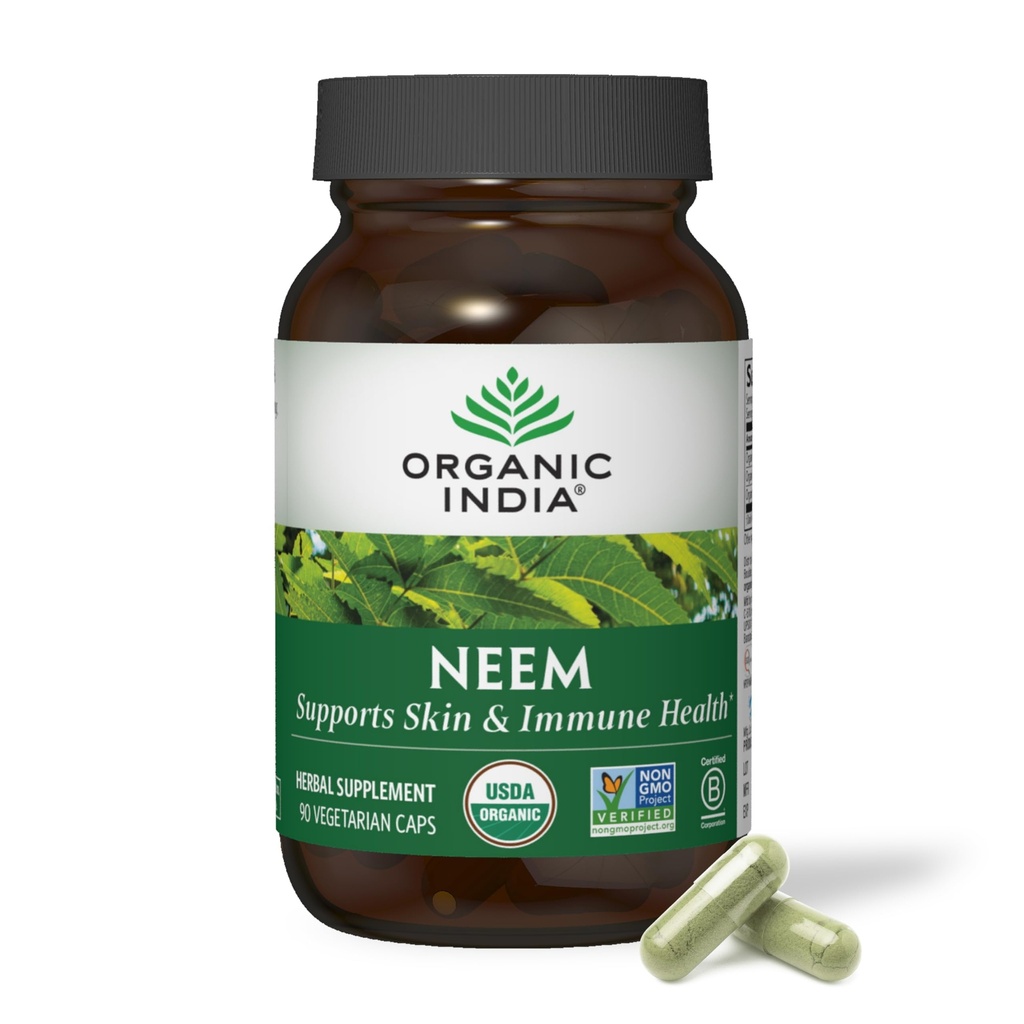 ORGANIC INDIA Neem Leaf Kapslid - Taimne täiendus, toetab naha ja immuunsüsteemi tervist, Vegan, Gluteenivaba, USDA sertifitseeritud orgaaniline - 90 Count