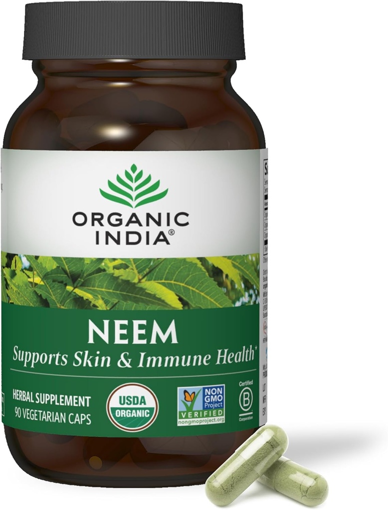 ORGANIC INDIA Neem Leaf Kapslid - Taimne täiendus, toetab naha ja immuunsüsteemi tervist, Vegan, Gluteenivaba, USDA sertifitseeritud orgaaniline - 90 Count