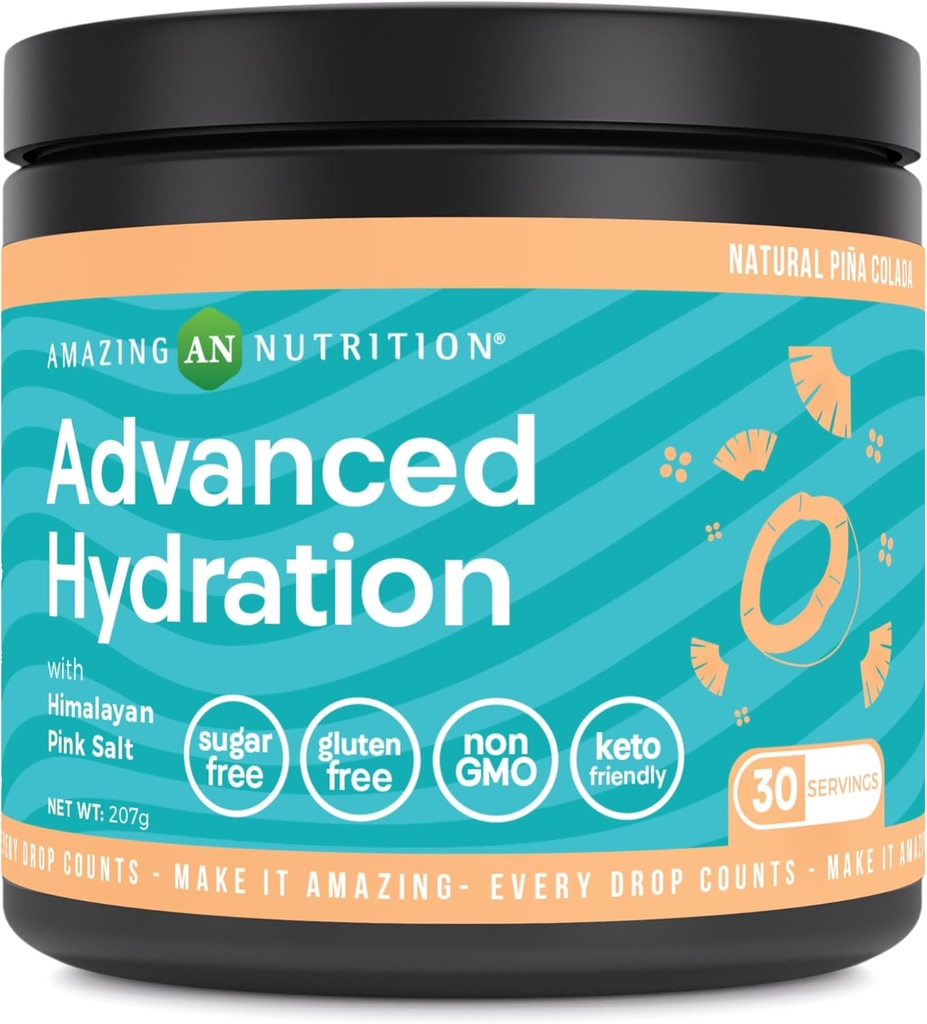 Amazing Nutrition Advanced Hydration, Electrolyte Powder 30 Servings | Pakitud oluliste mineraalidega | Suhkruvaba | Keto sõbralik | Mitte-GMO | Gluteenivaba (Natural Pina Colada)