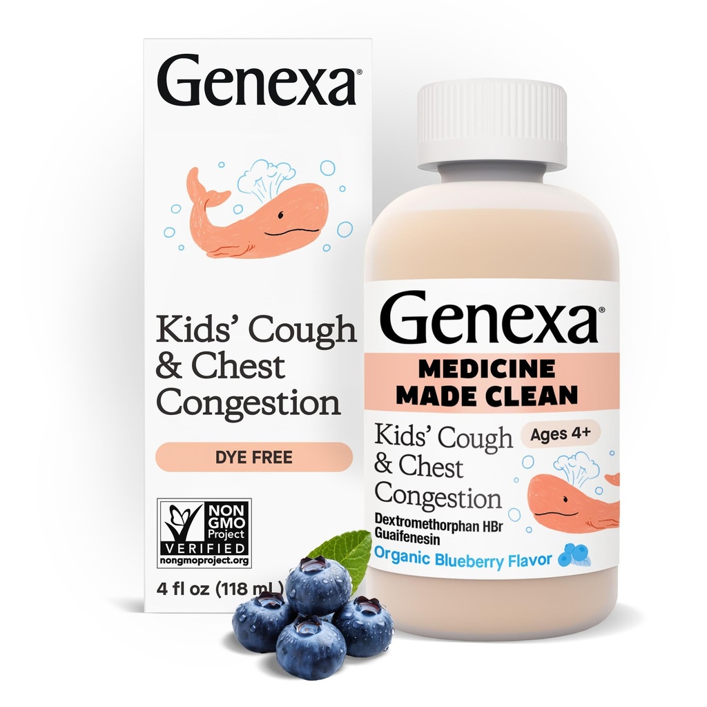 Genexa Kids' Clean Cough & Chest Ummistusmeditsiin, värvivaba, 0% kunstlikud lisandid, multi-sümptom köha siirup lastele 4-11, köha supressant ja ootaja, orgaaniline mustikamaitse, 4 fl oz