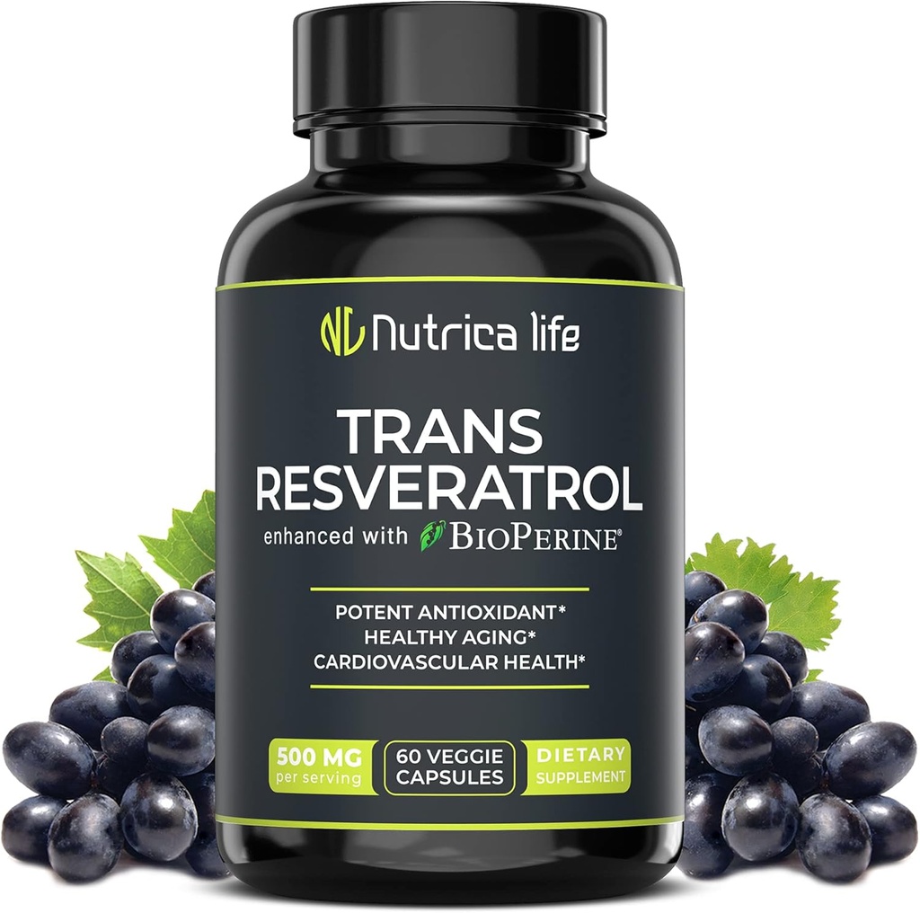 Trans Resveratrooli täiendus 500mg võimas vananemisvastane valem, võimas antioksüdant südame ja raku tervise jaoks, aju võimendaja toidulisandid bioperiiniga, 60 vegan kapslit