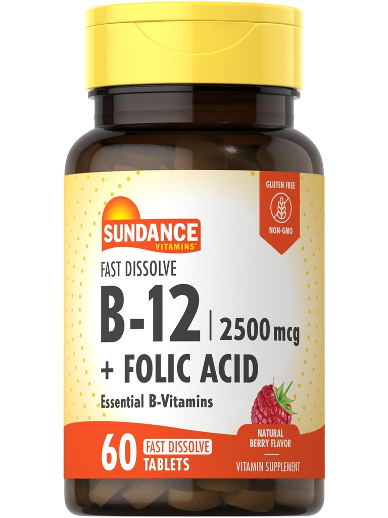 Sundance Kiire lahustada vitamiin B-12 | foolhappega | 2500mcg | 60 Count | looduslik marjamaitse | Taimetoitlane, mitte-GMO ja gluteenivaba toidulisand