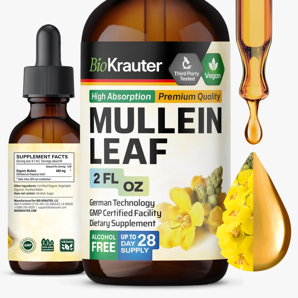 BIO KRAUTER Mullein Leaf Extract Lungs 2 Fl. Oz - 28 päeva tarne - Pure Mullein tilgad Lung Cleanse & Detox - Vegan Respiratory Supplements - Non-GMO, No Sugar & Alcohol