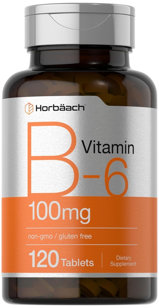 Horbaach Vitamiin B6 100mg | 120 taimset tabletti Püridoksiin HCl | Mitte- GMO & Gluteenivaba toidulisand