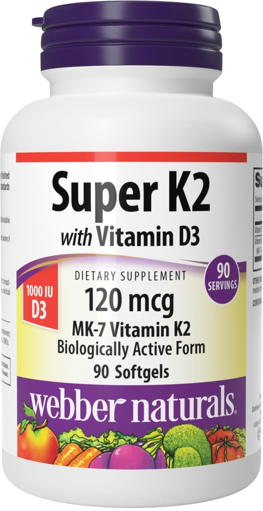Webber Naturals Super Vitamiin K2 MK-7 120 mcg vitamiin D3, 90 Softgels, toetab luud, hambad ja südame-veresoonkonna süsteemi