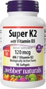 Webber Naturals Super Vitamiin K2 MK-7 120 mcg vitamiin D3, 90 Softgels, toetab luud, hambad ja südame-veresoonkonna süsteemi