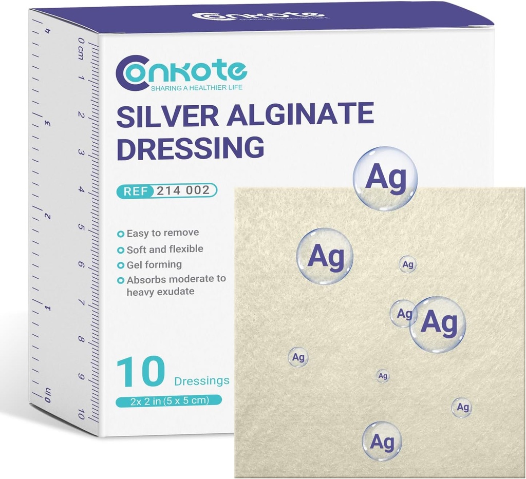 Conkote Silver Alginate Wound Dressing Pads 2 x 2, 10 Pack, Mitte-Stick Padding Ag Patches, Väga Absorbent Rõhutõrjuja, Voodihabe ja Diabeetilise Jala Ulcer