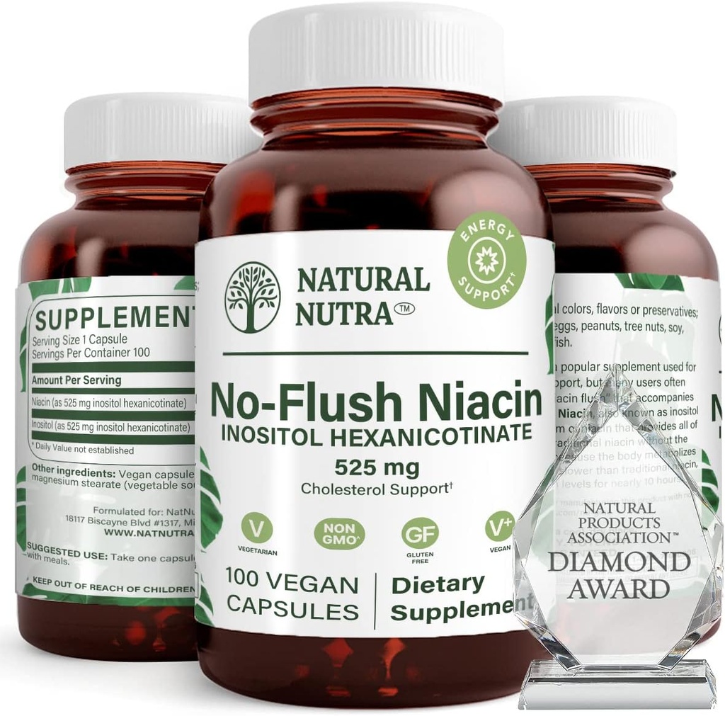 Natural Nutra No Flush Niacin, Vitamin B3 Supplement, Helps Improve Cardiovascular Health, Helps Improve Skin Texture, Promotes Better Brain Function, Helps Boost Energy Level 525 mg, 100 Capsules