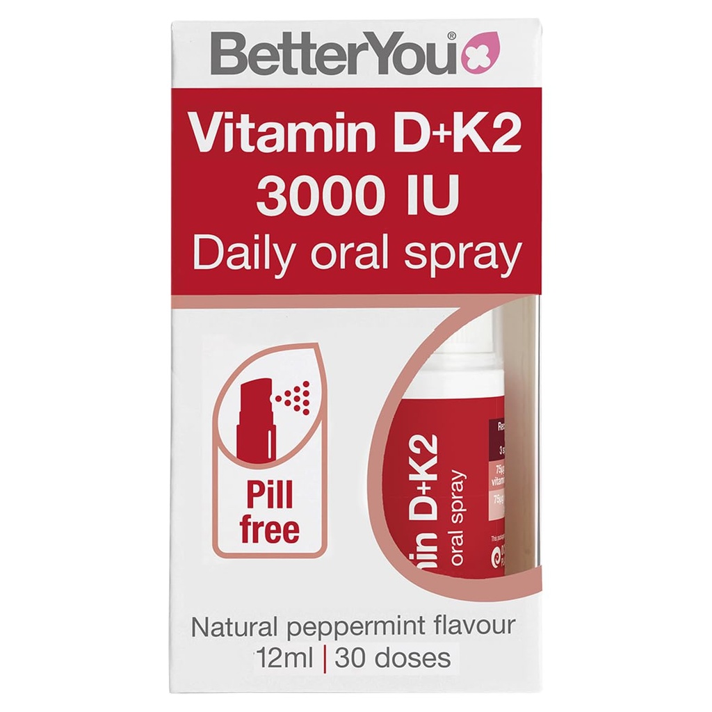 BetterYou D3000 ja K2 D-vitamiini igapäevane suukaudne pihustamine - mugav alternatiiv tablettidele - toetab luu tervist ja suurendab immuunsüsteemi - takistab vere hüübimist - looduslik piparmündi maitse - 0,4 oz