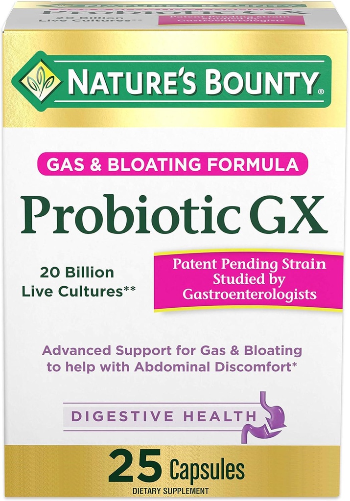 Nature's Bounty Probiotic GX, Helps with Occasional Gas and Bloating, Dietary Supplement, Digestive Health, 25 Capsules