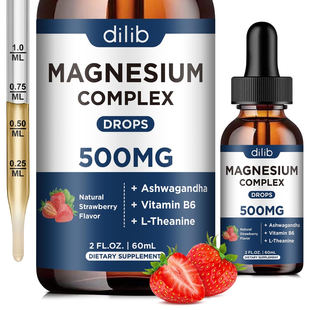 Kolmekordne magneesiumi komplekslisandi magneesiumglütsinaat, tsitraat, malaatvedel tilgad 500mg koos ashwagandha, L-Theanine, vitamiin B6 stressi leevendamiseks, une, lihaste tugi-maasikas Maitse