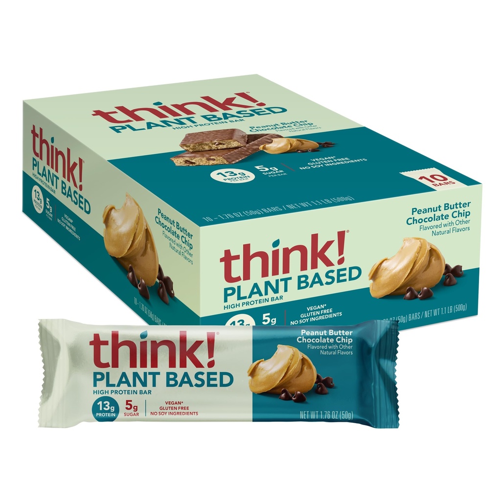 mõtle! Vegan / Taimepõhised kõrge valgusisaldusega baarid - maapähklivõi šokolaad, 13 g valku, 5 g suhkrut, kunstlikke magusaineid ei ole, mitte GMO projekt kontrollitud, 10 loendit (pakendamine võib varieeruda)