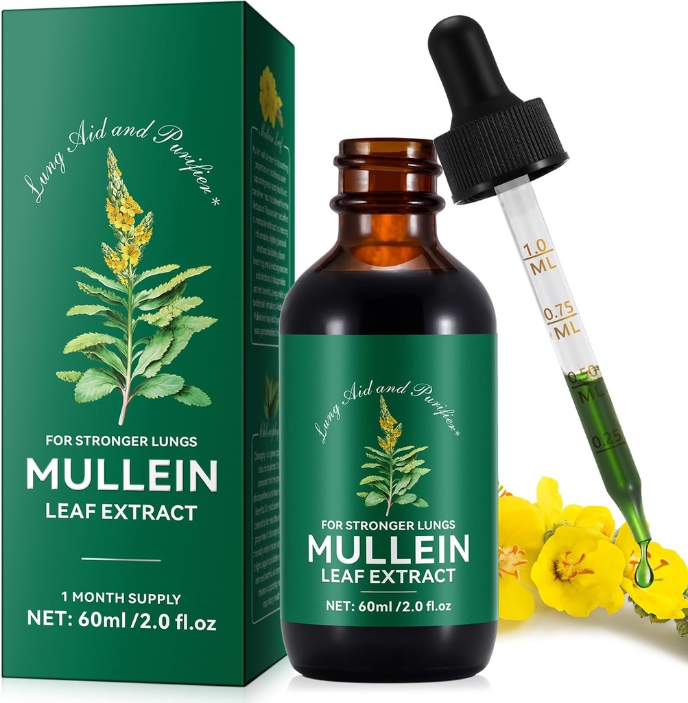 Mullein tilgad kopsudele, Mullein Leaf Tinktuur Tilgad | 2 fl oz |Mullein Leaf Ekstrakt Kopsude Detox ja hingamisteede kopsude tervis, hingamisteede toetamine, looduslik taimsete toidulisand