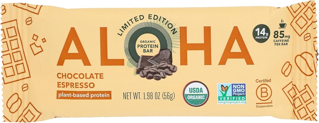 Aloha Organic Chocolate Espresso Protein Bars, 14g Taimepõhine Valk, 85mg Kofeiin, USDA sertifitseeritud Orgaaniline, Gluteenivaba & Non-GMO, 1,98 Oz (12. pakk)