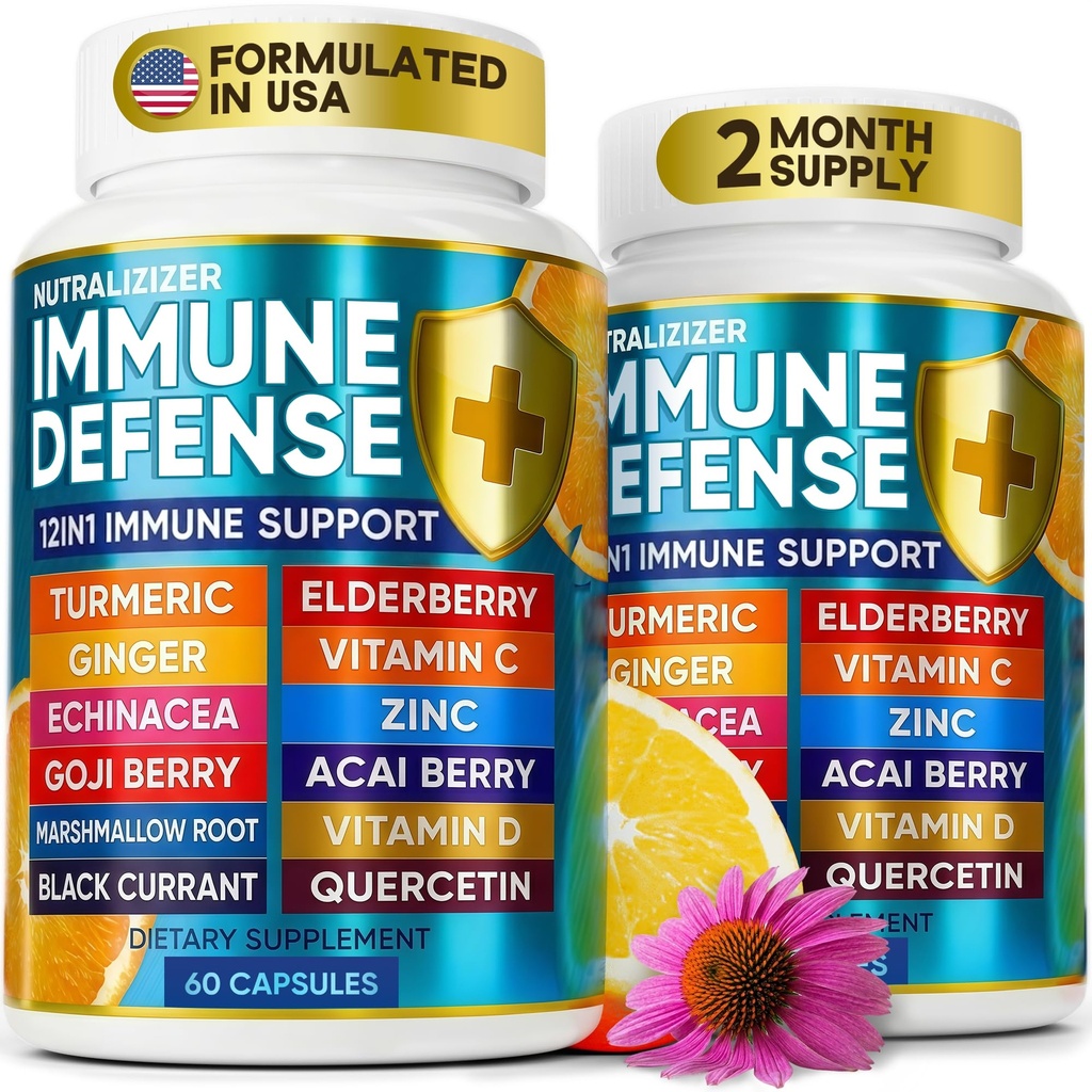 12 in 1 Premium Immune Defense Vitamiinid - Immune Supplement w / Vitamiin D3 5000 IU Vitamiin С 1000mg Zinс 50mg - Luksuslik valik Premium Immune Support - Echinacea Elderberry ja Ingver - 120 Caps