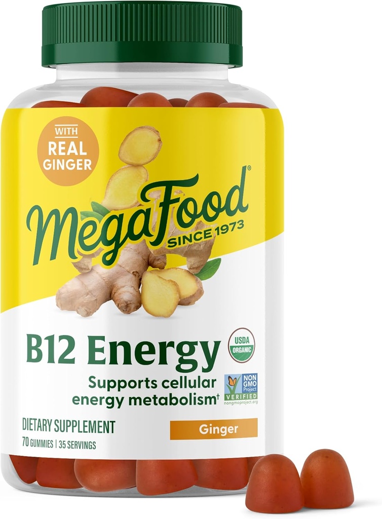 ​MegaFood Vitamin B12 Energy Gummies - Vegan - With Methyl B12 Vitamins to Support Cellular Energy Production - Ginger - Daily Vitamin B12 Supplement - USDA Organic - 70 Gummies, 35 Servings