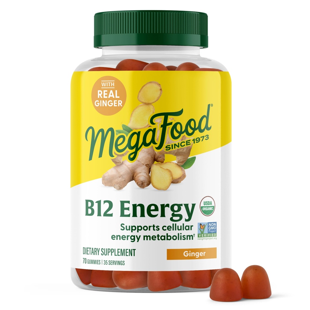 MegaFood Vitamiin B12 Energiakummid - Vegan - Metüül B12 vitamiinidega, et toetada rakuenergia tootmist - Ingver - igapäevane vitamiin B12 täiendus - USDA orgaaniline - 70 kummi, 35 serveerimist