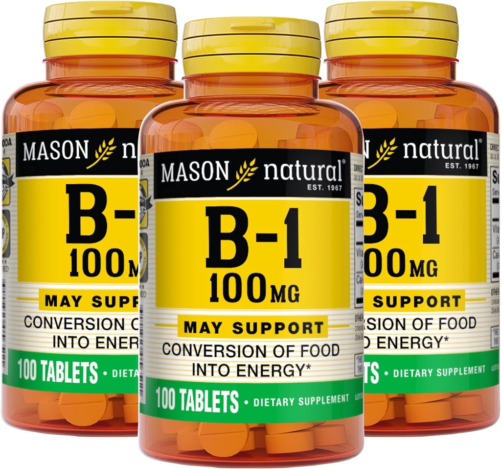 Mason Natural Vitamiin B1 (tiamiin) 100 mg, Tervislik toidu muundamine energiaks, toetab närvide ja immuunsüsteemi tervist, 100 tabletti (3. pakendis)