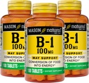 Mason Natural Vitamiin B1 (tiamiin) 100 mg, Tervislik toidu muundamine energiaks, toetab närvide ja immuunsüsteemi tervist, 100 tabletti (3. pakendis)