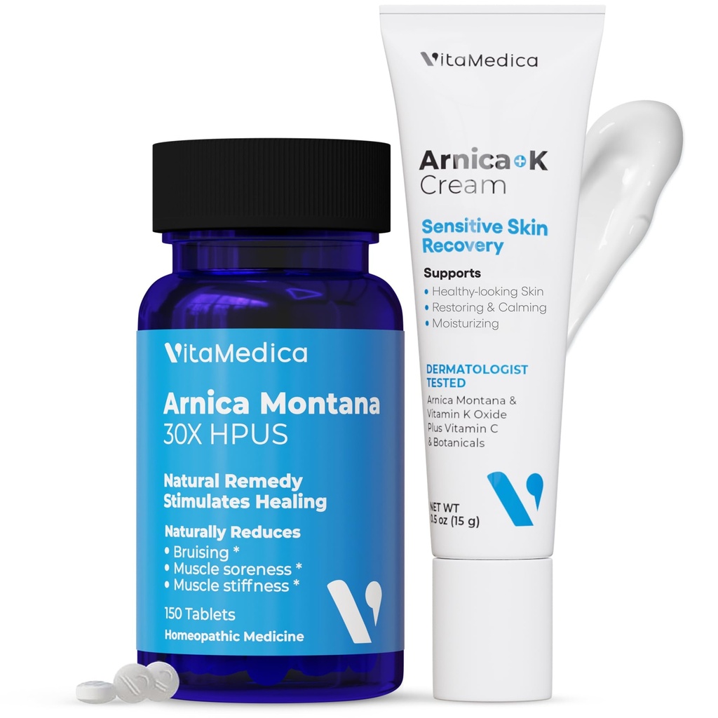 VitaMedica | Arnica Montana 30X & Arnica Cream Bundle | sinikate, turse, põletiku ja valu leevendamiseks | K-vitamiini paikne kreem | pehmendid, rahutused, niisutab ja taastab muljutud naha | USA Made