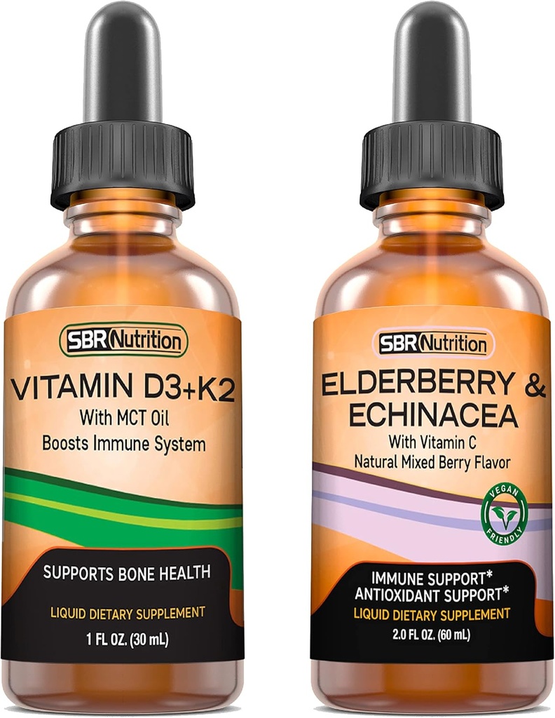SBR Toitumine D3+K2 ja Elderberry Bundle Vitamiin D3K2 (MK7) Vedelad tilgad, piparmünt,1oz | Elderberry & Echinacea & C-vitamiini Vedelad tilgad, 2oz | Täiskasvanud ja lapsed | Mitte-GMO, Gluteenivaba
