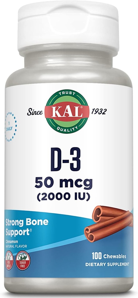 KAL Vitamiin D3 närimistables 50 mcg, Vitamiin D 2000 RÜ kui kolekaltsiferool, Suhkruvaba, looduslik kaneeli maitse D3 Vitamiin, Immune Support & Bone Health, 100 Servings, 100 närimistables
