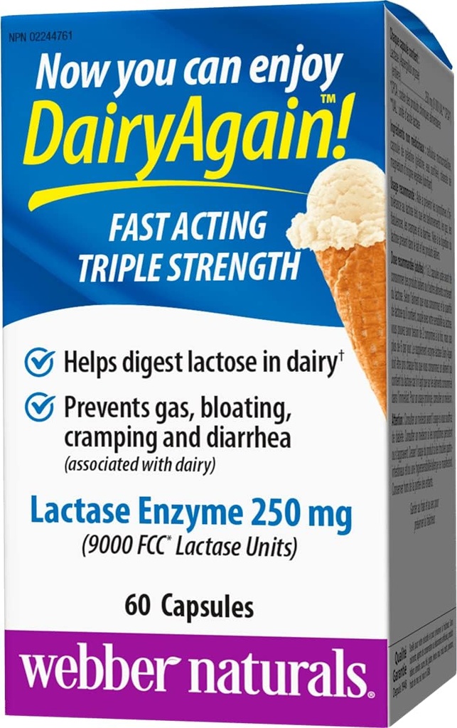 Webber Naturals Dairy Jälle 250mg laktaasi ensüümi kolmekordne tugevus, 60 kapslit