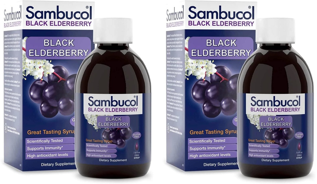 Sambucol Black Elderberry Syrup - Sambucus Elderberry Syrup, Black Elderberry Liquid, Immune Support, High Antioxidants, Gluteenivaba - Algne valem, 7,8 Fl Oz (2. pakk)